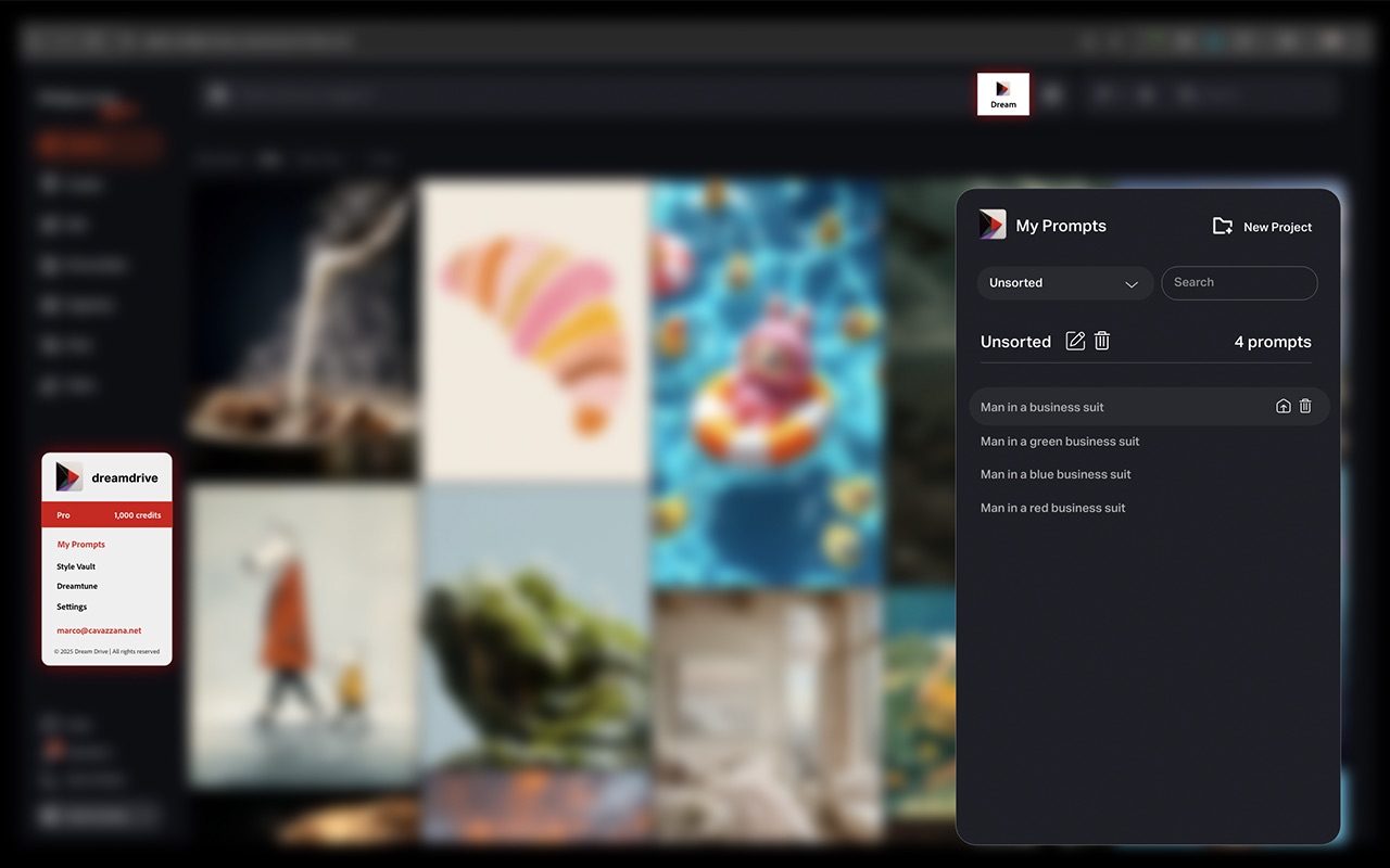 My Prompts panel showing a project library with saved Midjourney prompts and search