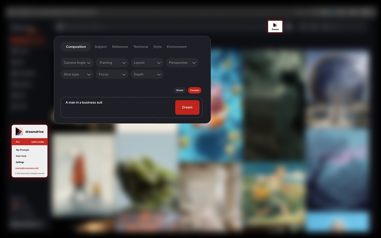 Dreamdrive's Dreamtune prompt builder open inside midjourney.com