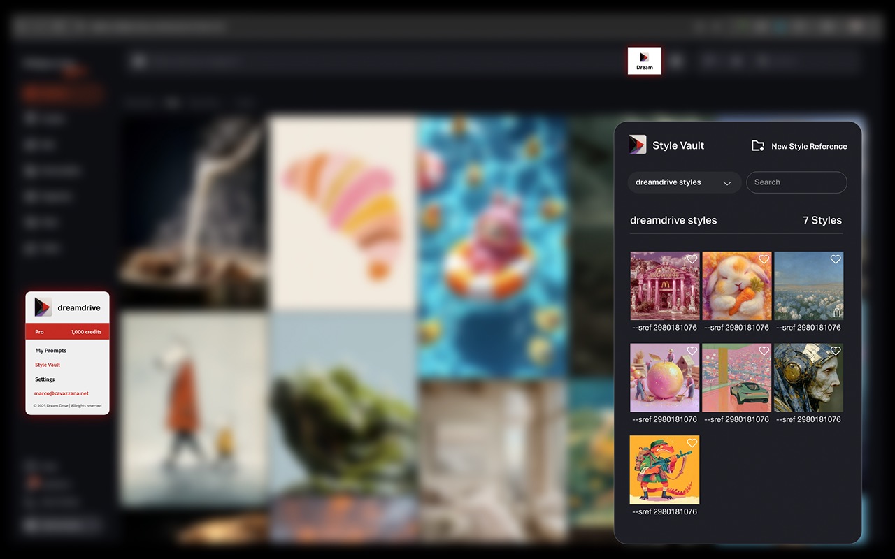 Style Vault panel with a grid of saved Midjourney style reference codes and preview images